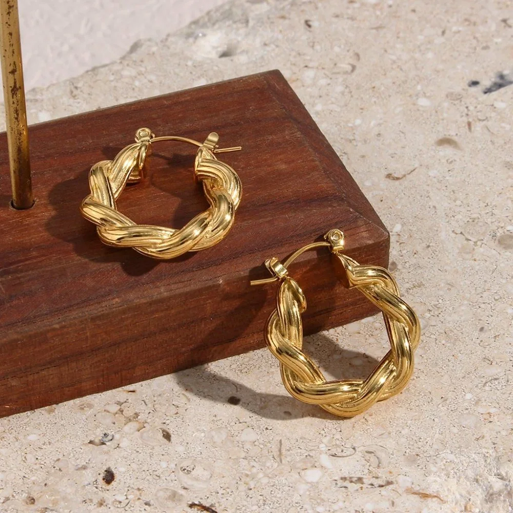 Chunky Twisted Striped Texture Hoop Earrings 18K Gold Plating Stainless Steel - Picture 6 of 9